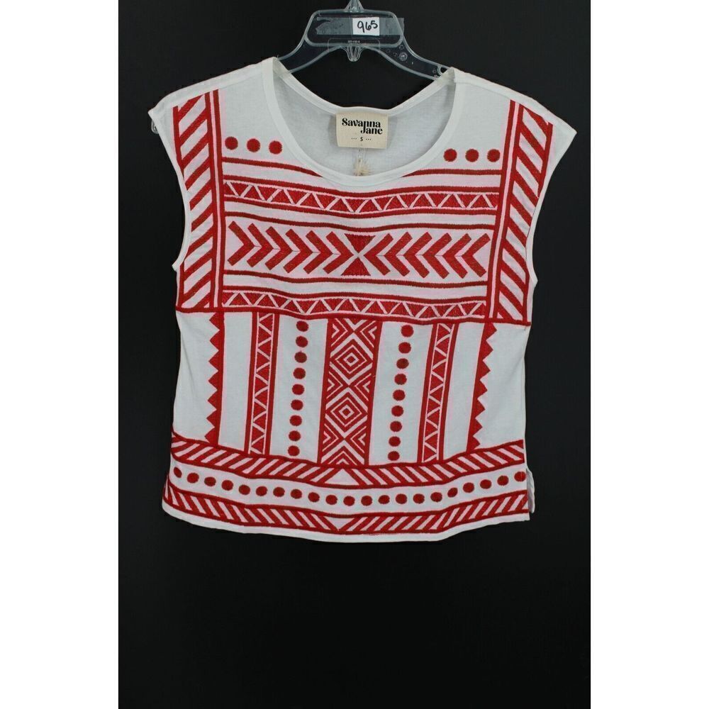Savanna Jane Call to You Red Geometric Pattern White Cap Sleeve Knit Top Small